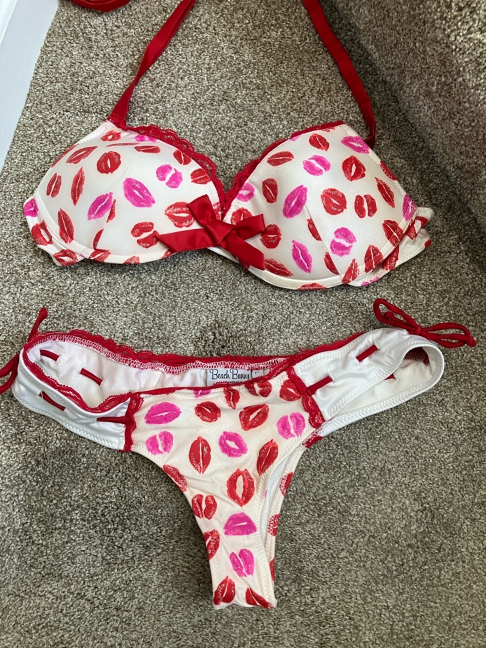 Beach Bunny Red & Pink Lip-Print Bikini Set